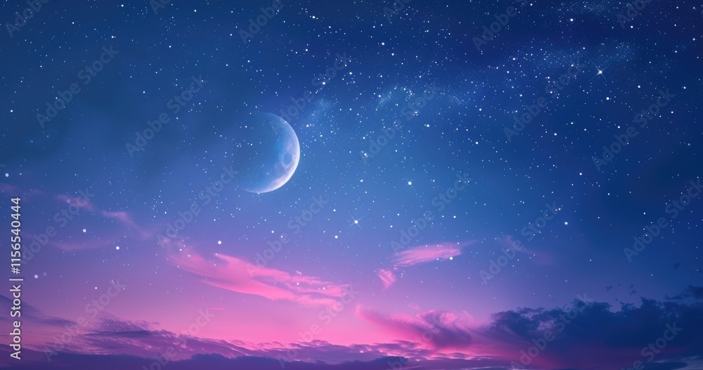 A serene night sky featuring a crescent moon and twinkling stars against a colorful backdrop.