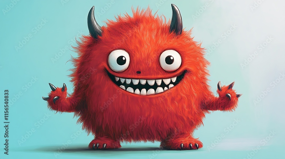 Fototapeta premium Little cute goofy red monster with little horns, fluffy hairy round creature cartoon design