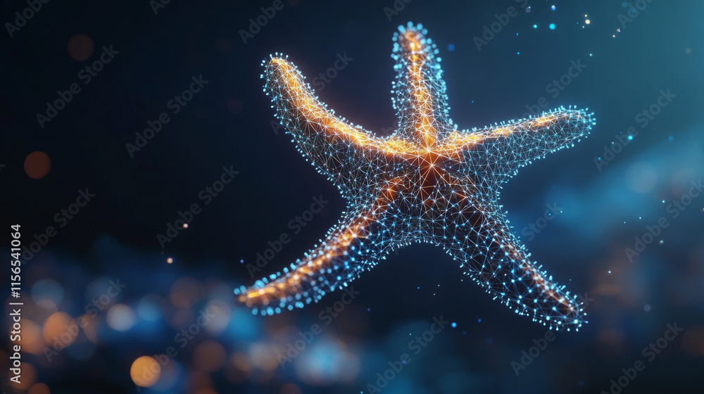 A hologram of a starfish. A starfish made of polygons, triangles of points and lines. The starfish icon is a low-poly compound structure. Technology concept vector. A hologram of a starfish. A starfish made of polygons, triangles of points and lines. The starfish icon is a low-poly compound structure. Technology concept vector.