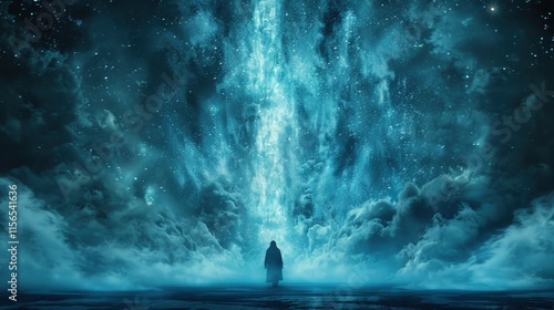 Solitary figure silhouetted against a vibrant, ethereal, celestial beam piercing a stormy night sky.