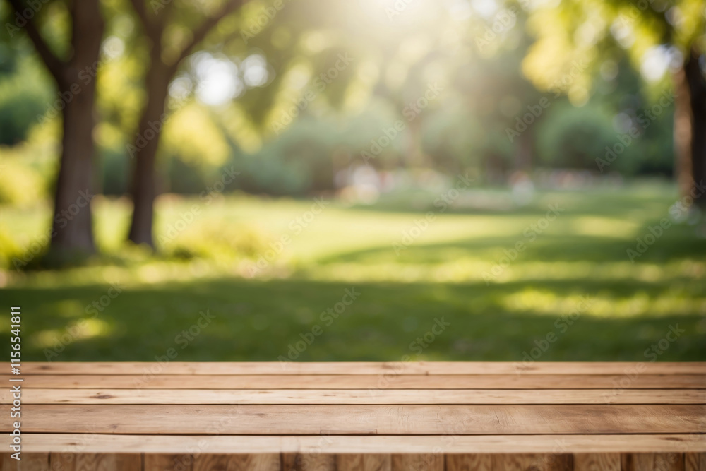 Wooden table in a sunlit park surrounded by lush trees and greenery Wooden table in a sunlit park surrounded by lush trees and greenery