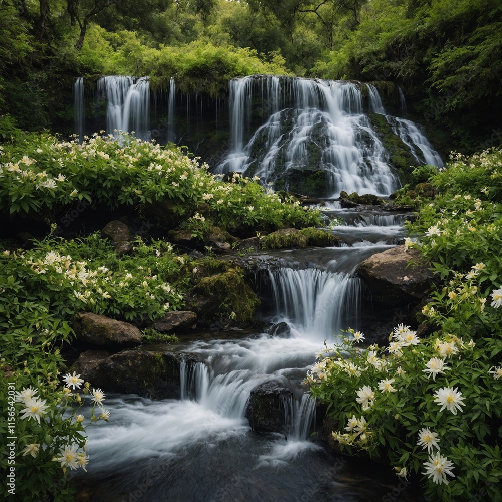 Obraz premium A waterfall surrounded by blooming flowers and lush greenery.