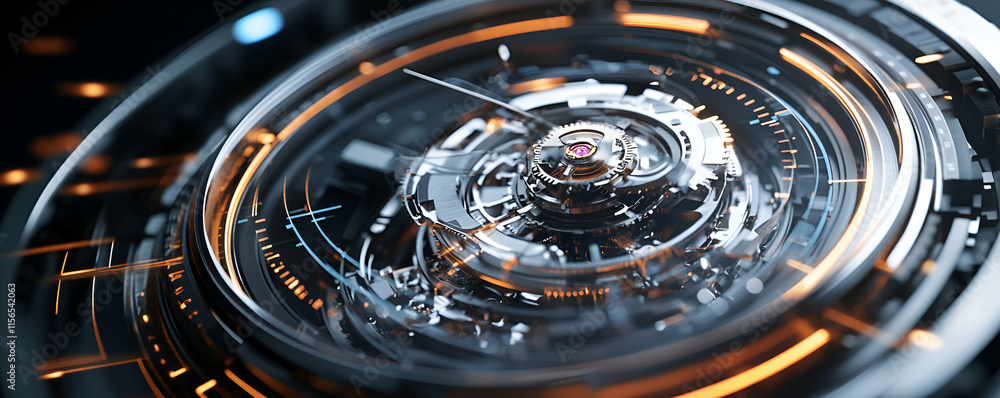Futuristic Circular Mechanism, Gears Rotate Precisely, Illuminating Advanced Technology with Warm Orange Accents Futuristic Circular Mechanism, Gears Rotate Precisely, Illuminating Advanced Technology with Warm Orange Accents
