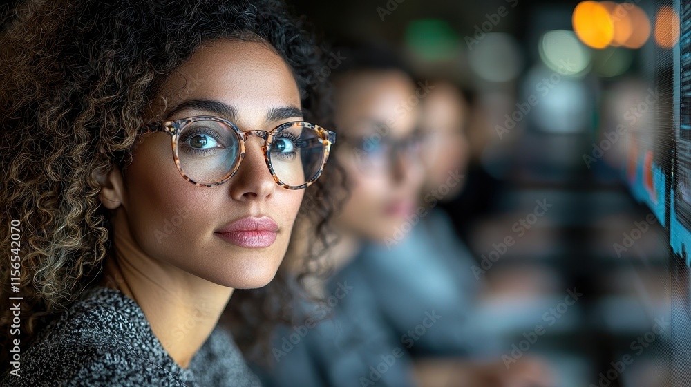 Close-Up of Focused Woman with Glasses in Modern Office Environment Close-Up of Focused Woman with Glasses in Modern Office Environment