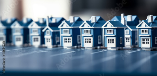 A small model of houses in blue and white colors. Real estate market growth
