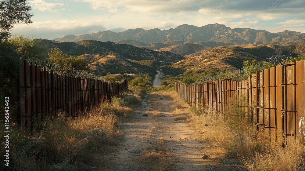 Obraz premium Desert Landscape with a Border Fence and Mountains