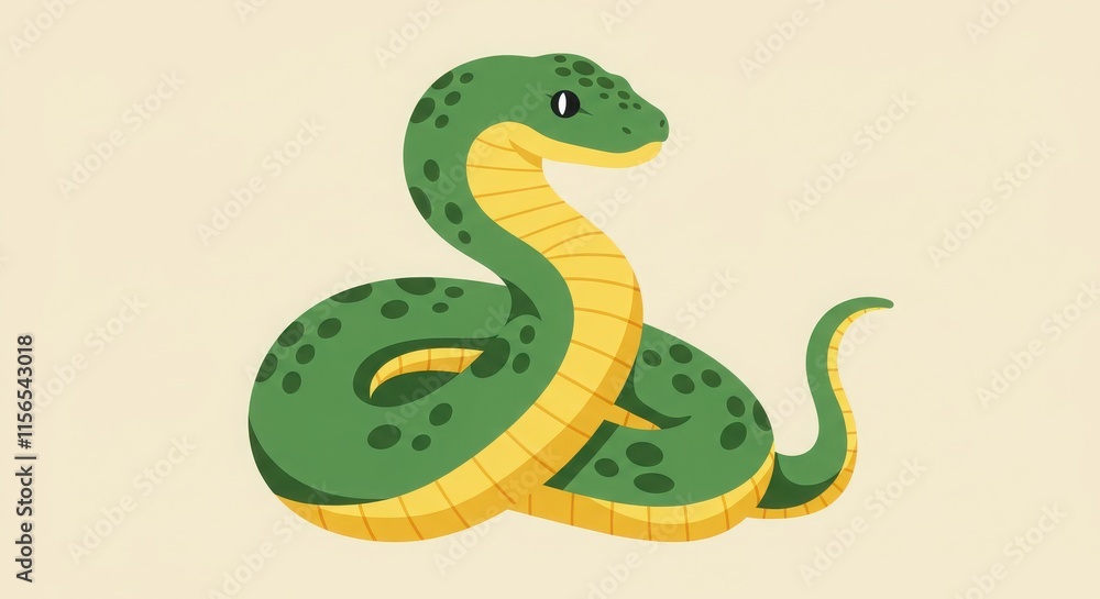 Fototapeta premium Cartoon snake, green scales, yellow underbelly, simplified design, flat illustration, coiled posture