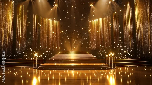 4K 3D award party stage golden stage glitter animation. Stars, lights and particles. Luxury gold light streak. Particle, luxury awards ceremony background, awards performance. 3D illustration
