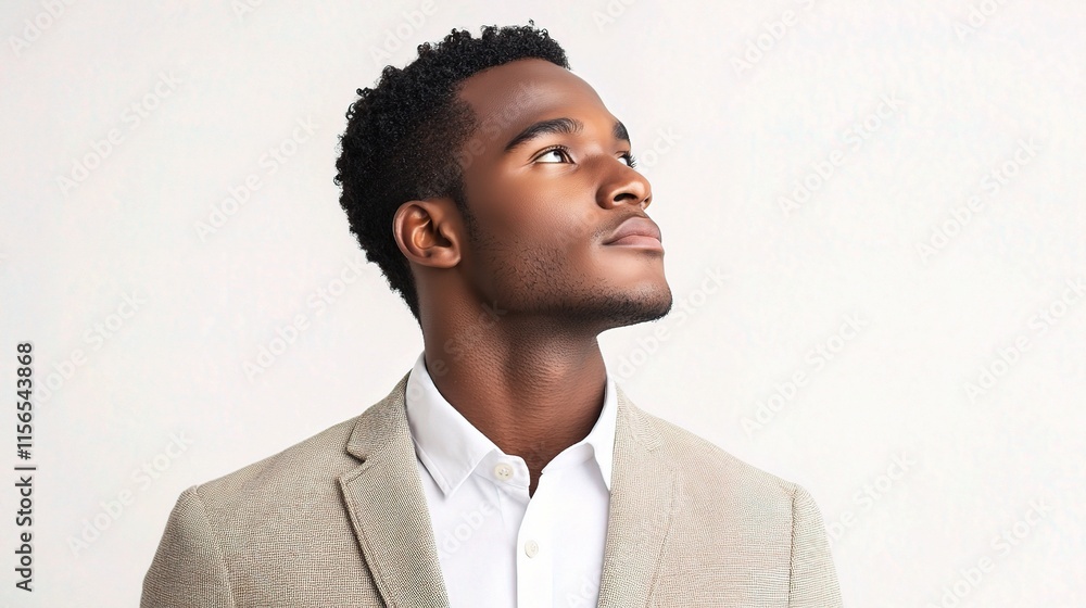 Obraz premium Visionary Gaze: A young Black man in a light beige suit gazes upward, lost in thought, conveying ambition, hope, and contemplation. His expression is serious yet hopeful. 