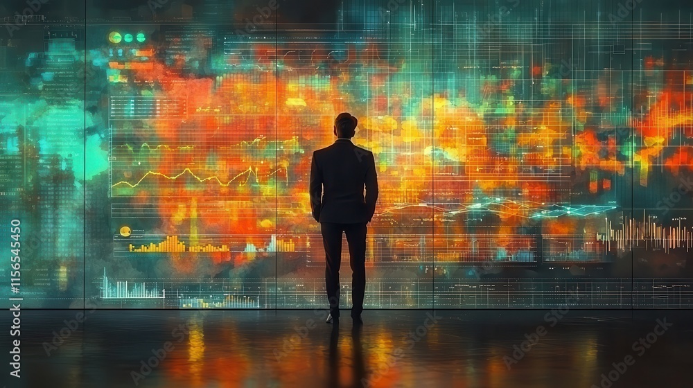 Businessman Analyzing Data Trends on a Colorful Digital Screen Businessman Analyzing Data Trends on a Colorful Digital Screen