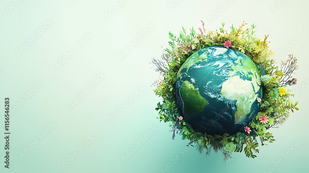 Planet earth with leaves and flowers around illustration and cream colored background, environment and green earth conceptual artwork design Planet earth with leaves and flowers around illustration and cream colored background, environment and green earth conceptual artwork design