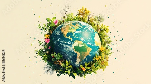 Planet earth with leaves and flowers around illustration and cream colored background, environment and green earth conceptual artwork design
