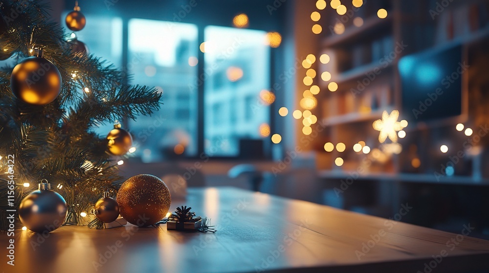 Cozy Christmas Office Setting with Decorations and Soft Lighting Cozy Christmas Office Setting with Decorations and Soft Lighting