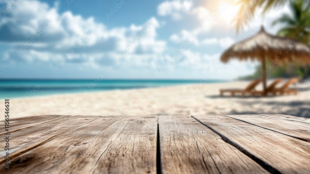 Fototapeta premium Tropical beach landscape with azure sky, radiant sun, Empty rustic wooden table