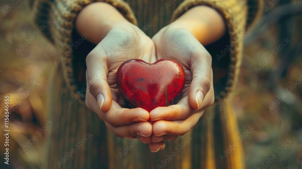 A person holds a shiny red heart-shaped object, symbolizing love and care. A person holds a shiny red heart-shaped object, symbolizing love and care.