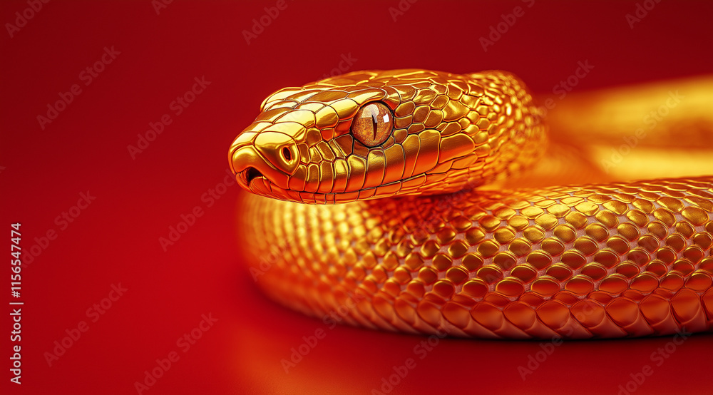 Obraz premium A golden snake, hovering in the air on a red background, with a clean and simple design style. 