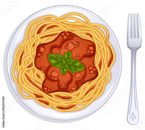 Spaghetti with Tomato Sauce and Basil. Pasta Al Pomodoro Plate - Traditional Italian Dish Top View