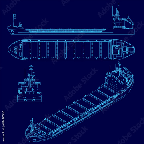 Blue drawing of a ship with a blue background. The ship is shown in three different views, with the top view showing the top of the ship and the bottom view showing the bottom of the ship