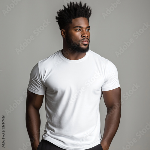  In an e-commerce shoot of a plus-size model, an African-American man wearing a white T-shirt and black pants confidently faces the camera, with a clean light gray shirt in the b photo