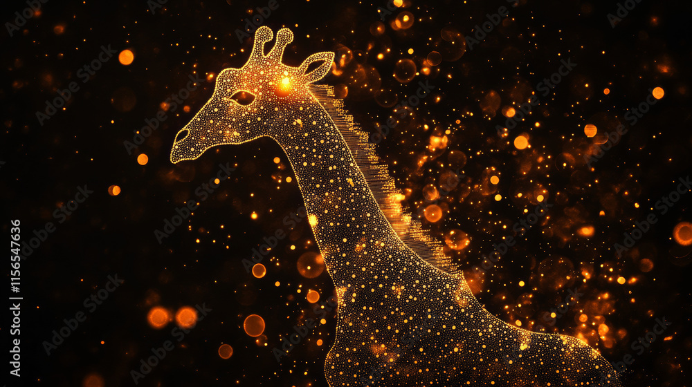 Giraffe of the particles. The giraffe consists of small circles and dots.