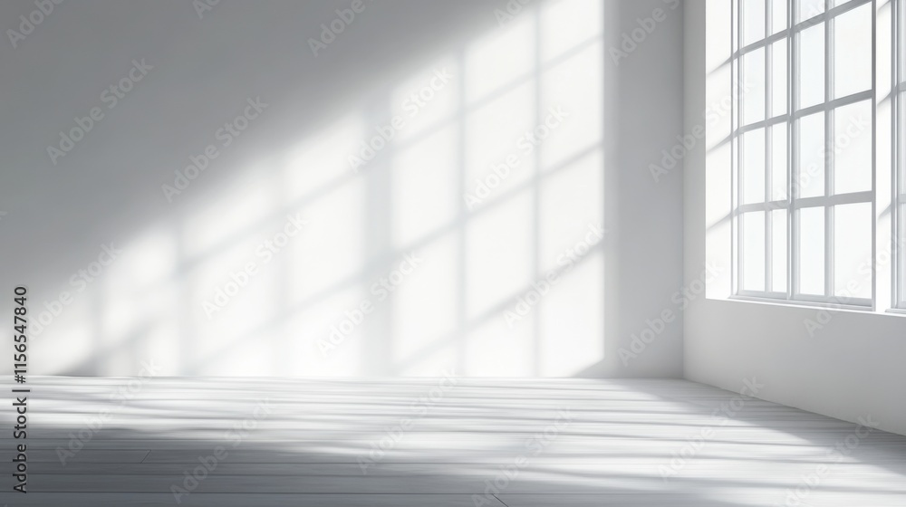 Serene Empty Room with Large Window, White Walls, Abstract studio background Serene Empty Room with Large Window, White Walls, Abstract studio background