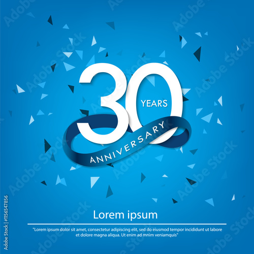 30th years anniversary celebration emblem. white anniversary logo isolated with blue circle ribbon. vector illustration template design for web, poster, greeting card and invitation card