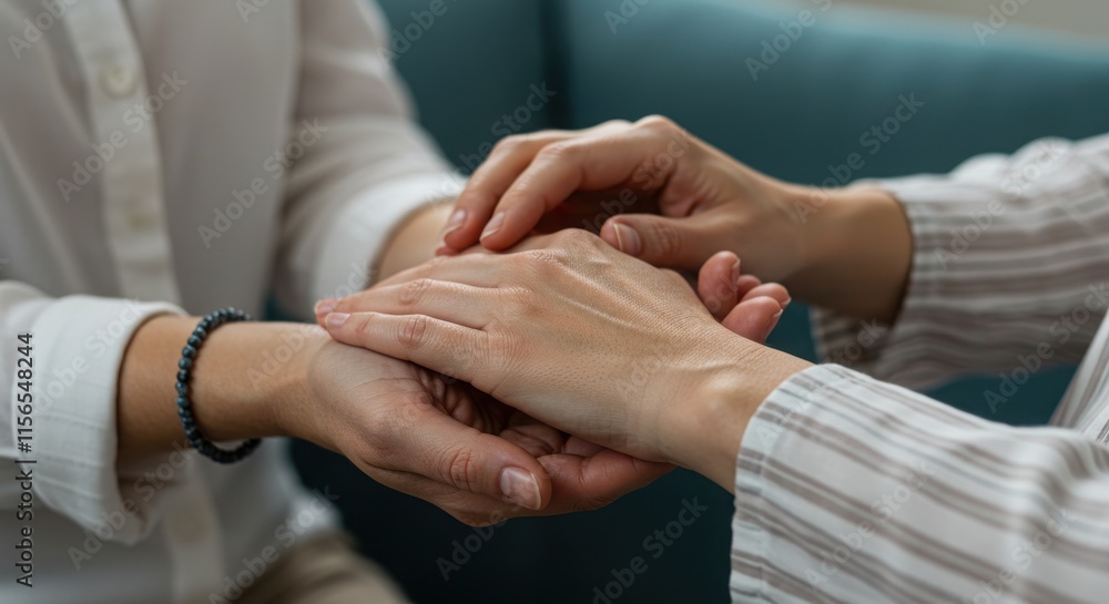 Close-up of hands comforting gesture white sleeve bracelet striped fabric, muted colors soft focus Close-up of hands comforting gesture white sleeve bracelet striped fabric, muted colors soft focus
