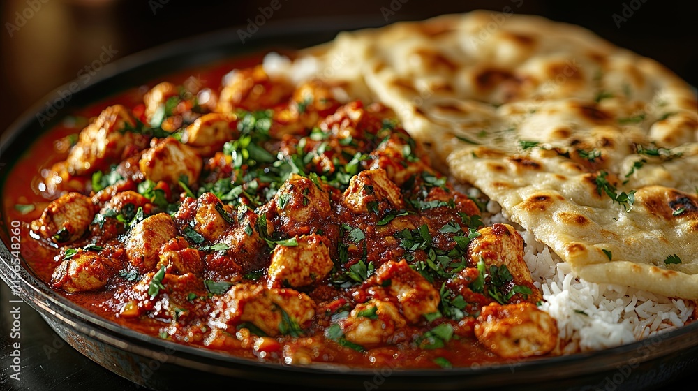 Chicken Tikka Masala with rice and naan bread on a dark background, offering a flavorful, authentic Indian dish for food lovers. Chicken Tikka Masala with rice and naan bread on a dark background, offering a flavorful, authentic Indian dish for food lovers.