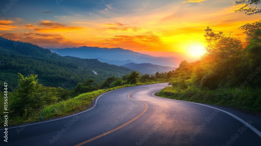 Serene mountain landscape with winding road, lush greenery, Asphalt road Serene mountain landscape with winding road, lush greenery, Asphalt road