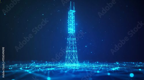 Blue abstract 3d isolated 
5G antenna on innovation technology background. Low poly wireframe digital vector.
Polygons and connected dots.
Internet telecommunication tower futuristic concept.