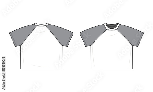 Raglan T-Shirt Technical Fashion Illustration. T-shirt vector template illustration. Front and back view. Contrast raglan sleeves. Unisex. Oversized. White and gray color. CAD mockup.