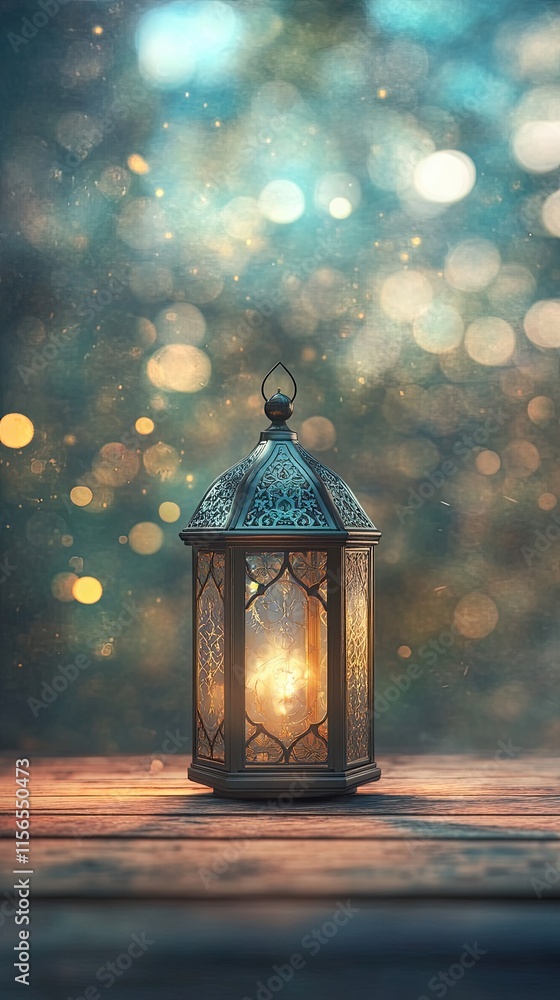 Glowing Lantern on Wooden Table Glowing Lantern on Wooden Table