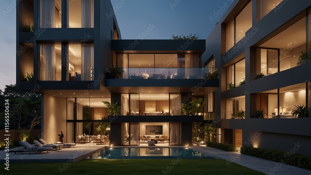 A luxurious golden-lit hotel building glowing at night, representing opulence, modern design, and sophistication in architecture. A luxurious golden-lit hotel building glowing at night, representing opulence, modern design, and sophistication in architecture.
