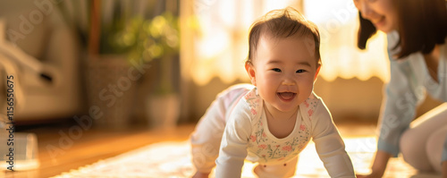 Asian baby taking their first steps forward on a soft mat, supported by their mother at home. learning to walk with gentle guidance key moment in growth and development.