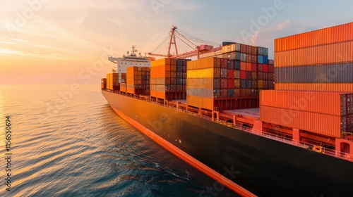 Cargo ship loaded with containers sailing at sunset over calm waters.