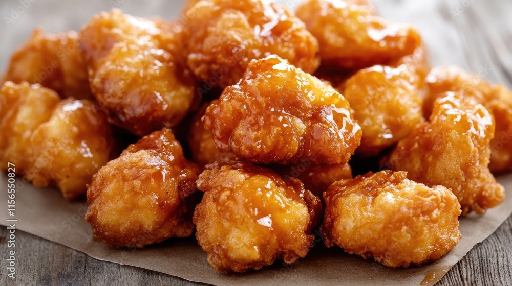Delicious Golden Fried Chicken Bites with Sweet Glaze on Wood Surface Delicious Golden Fried Chicken Bites with Sweet Glaze on Wood Surface