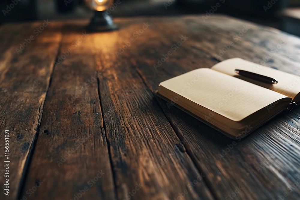 Open notebook on a wooden table with a lamp. Open notebook on a wooden table with a lamp.