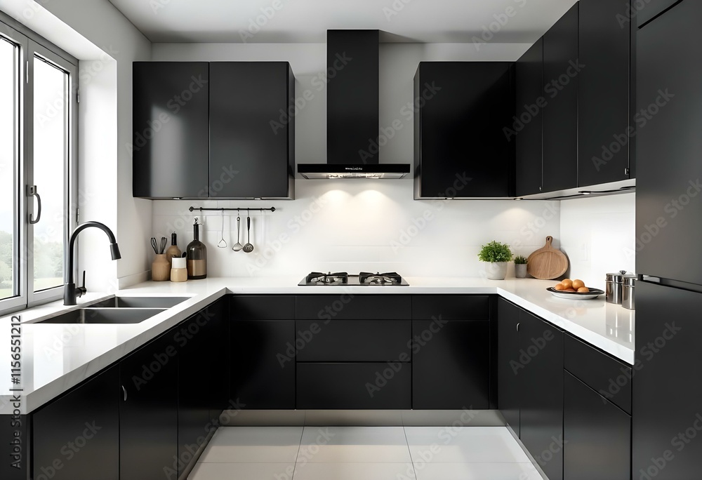 A modern kitchen with a marble countertop, black cabinets, and a range hood . The kitchen has a minimalist design with various utensils visible. A modern kitchen with a marble countertop, black cabinets, and a range hood . The kitchen has a minimalist design with various utensils visible.