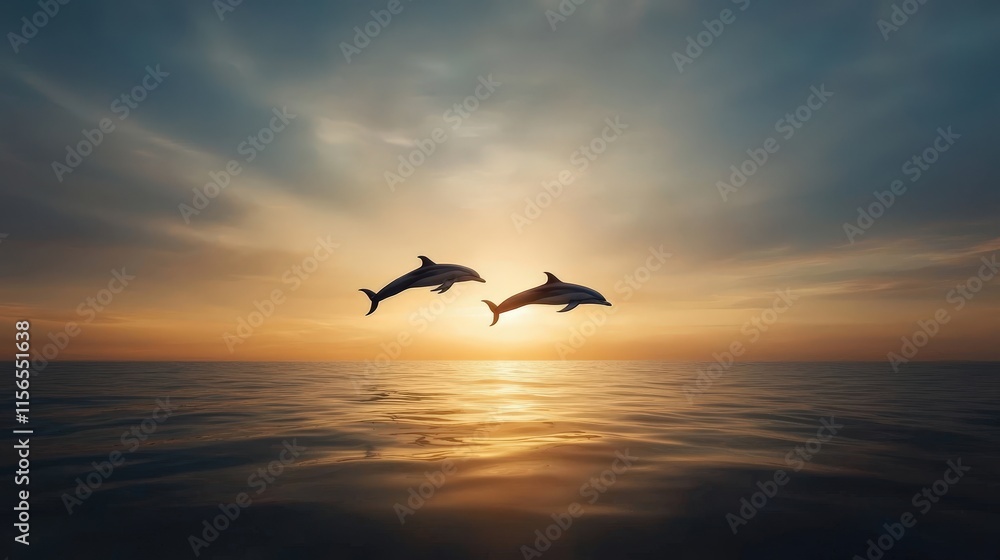 Naklejka premium Dolphins Jumping at Sunset Over Calm Ocean Waters