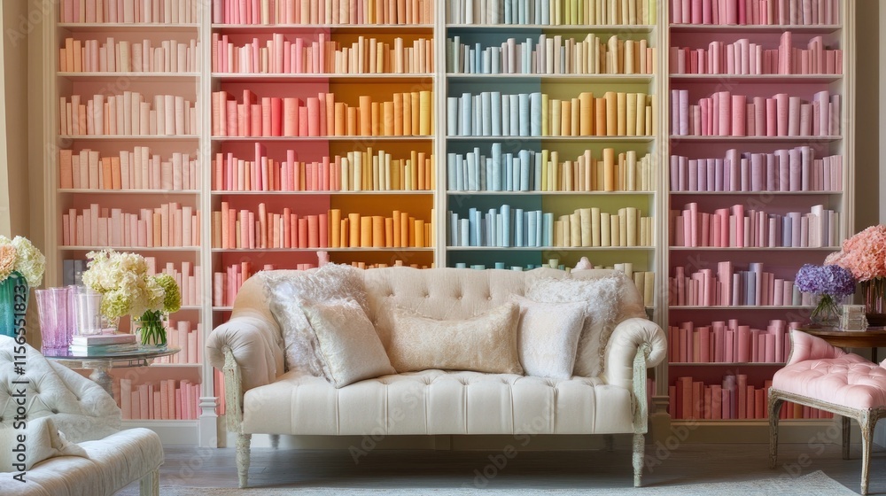 Cozy Living Room with Colorful Bookshelf and Elegant Furniture Cozy Living Room with Colorful Bookshelf and Elegant Furniture