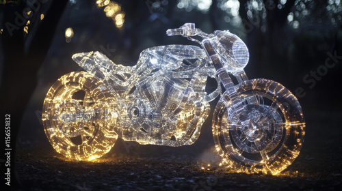 Motorcycle hologram. Holographic projection of a motorcycle. A flickering energy stream of particles. The scientific design of the bike. photo