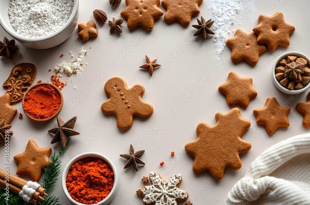 Festive Gingerbread Cookies Preparation with Spices and Ingredients for Holiday Baking Festive Gingerbread Cookies Preparation with Spices and Ingredients for Holiday Baking