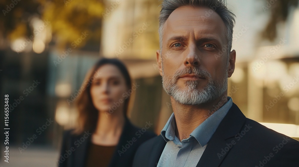 Confident Businessman Standing Outdoors with Colleague in City Environment Confident Businessman Standing Outdoors with Colleague in City Environment