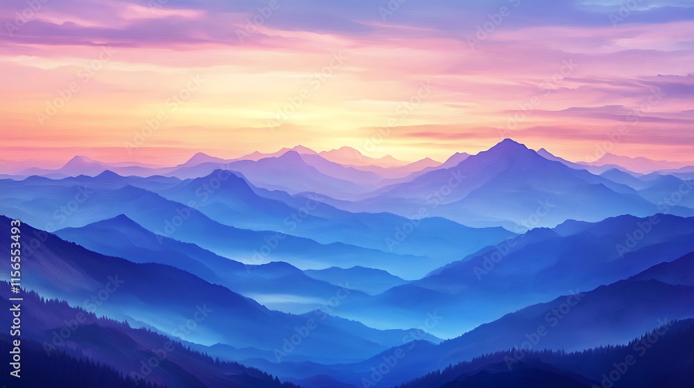 Fototapeta premium Majestic Sunrise Paints Serene Mountain Ranges in Vibrant Hues: Wide Photo. AI Generated
