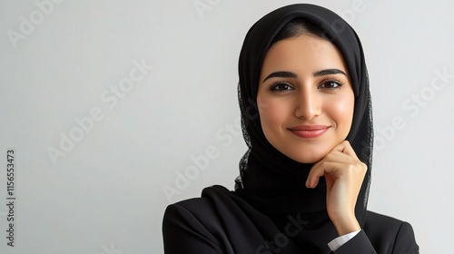 Confident and Composed: A young woman wearing a black hijab radiates confidence and poise as she gazes directly at the camera with a gentle smile. photo