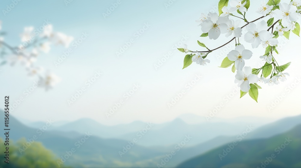 Naklejka premium Serene Blossom Branch Against a Mountain Landscape