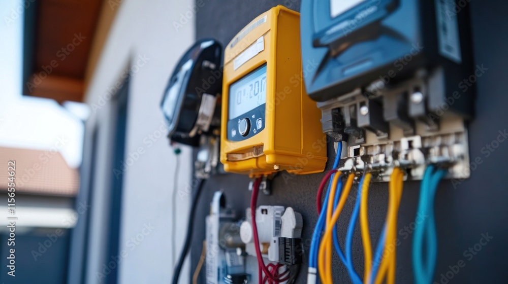 Electricity meter installation outside a residential building, close-up of tools and wires, Electricity meter installation outside a residential building, close-up of tools and wires,