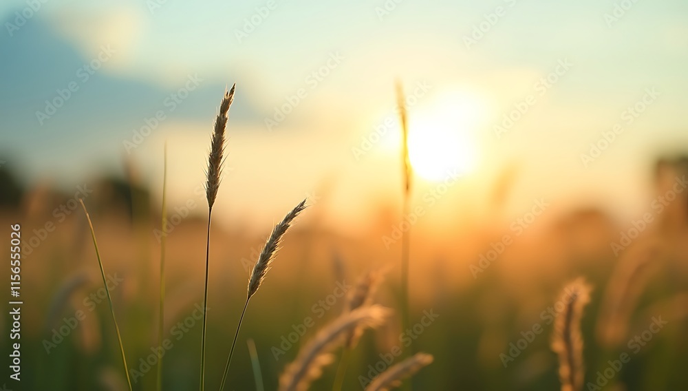Serene Sunset Over Meadow - Peaceful Grass Silhouettes in Golden Light Serene Sunset Over Meadow - Peaceful Grass Silhouettes in Golden Light