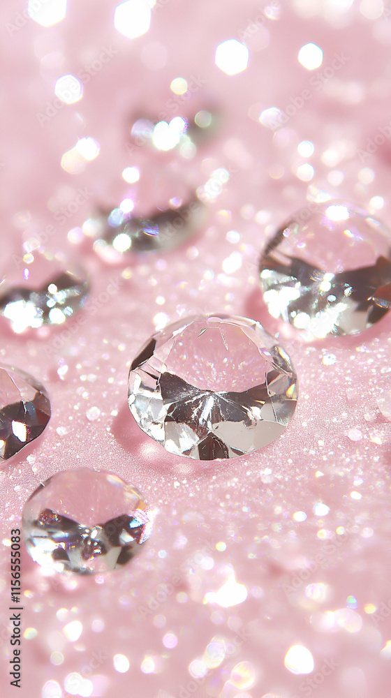 Sparkling Gems on Pink Glitter, Brilliant Cut, Reflecting Light Beautifully Sparkling Gems on Pink Glitter, Brilliant Cut, Reflecting Light Beautifully