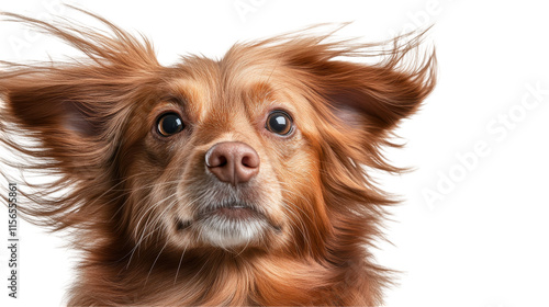 Happy dog with flowing fur in the breeze. transparent background photo